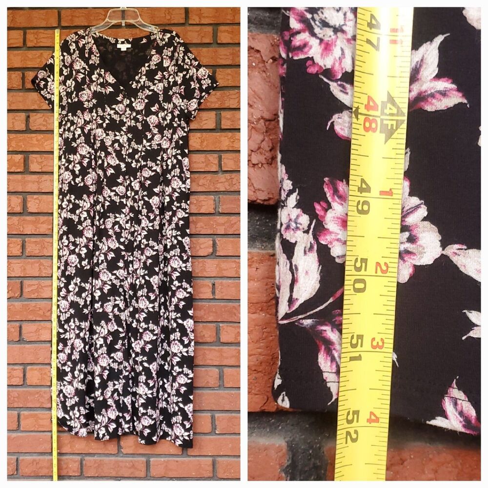 J Jill Button Front Maxi Dress Sz Large Black Pink Floral Pima Cotton Blend Knit - Picture 9 of 11